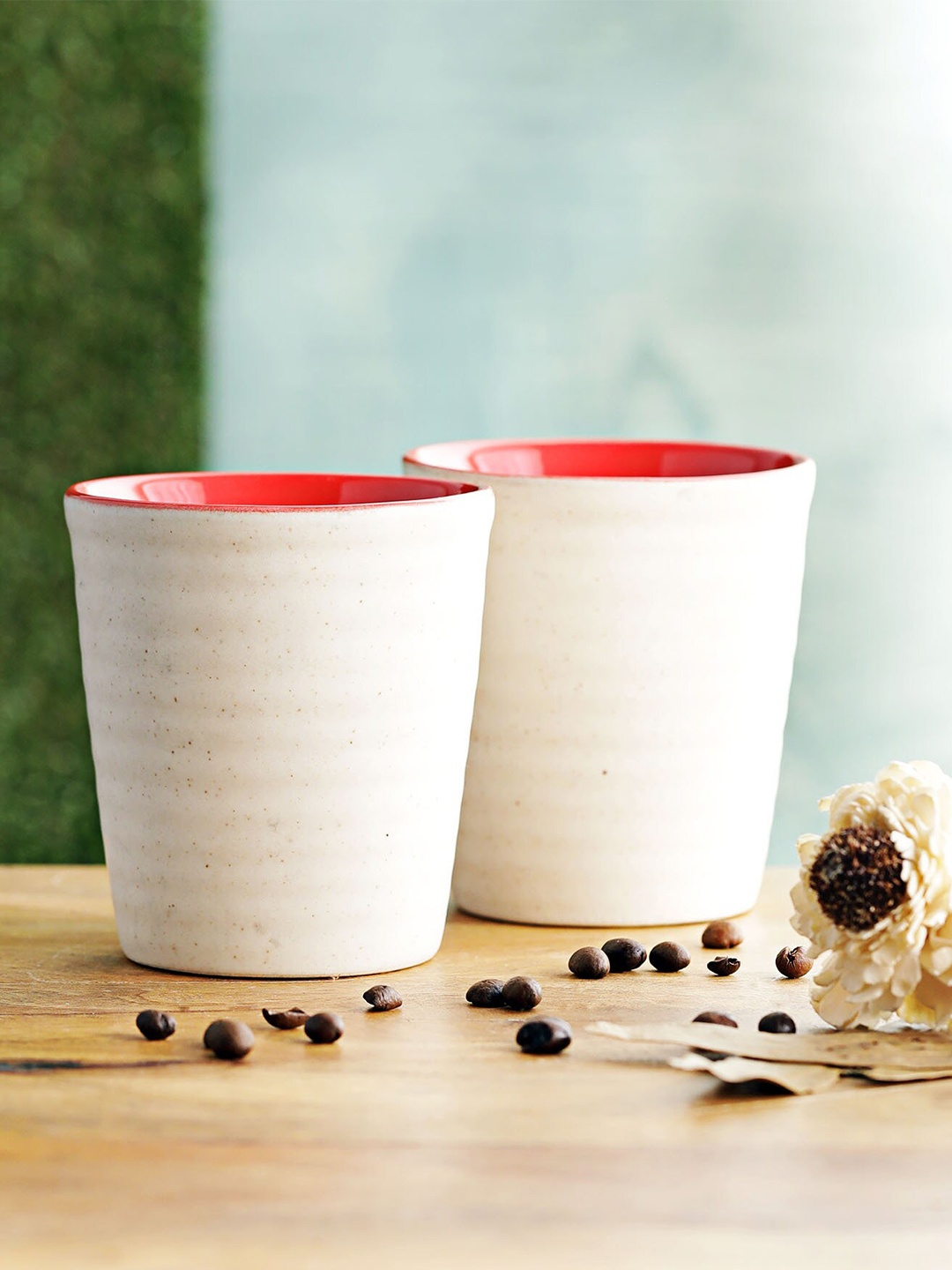 MIAH Decor Cream-Coloured & Red 4 Pieces Handcrafted & Hand Painted Stoneware Matte Mugs