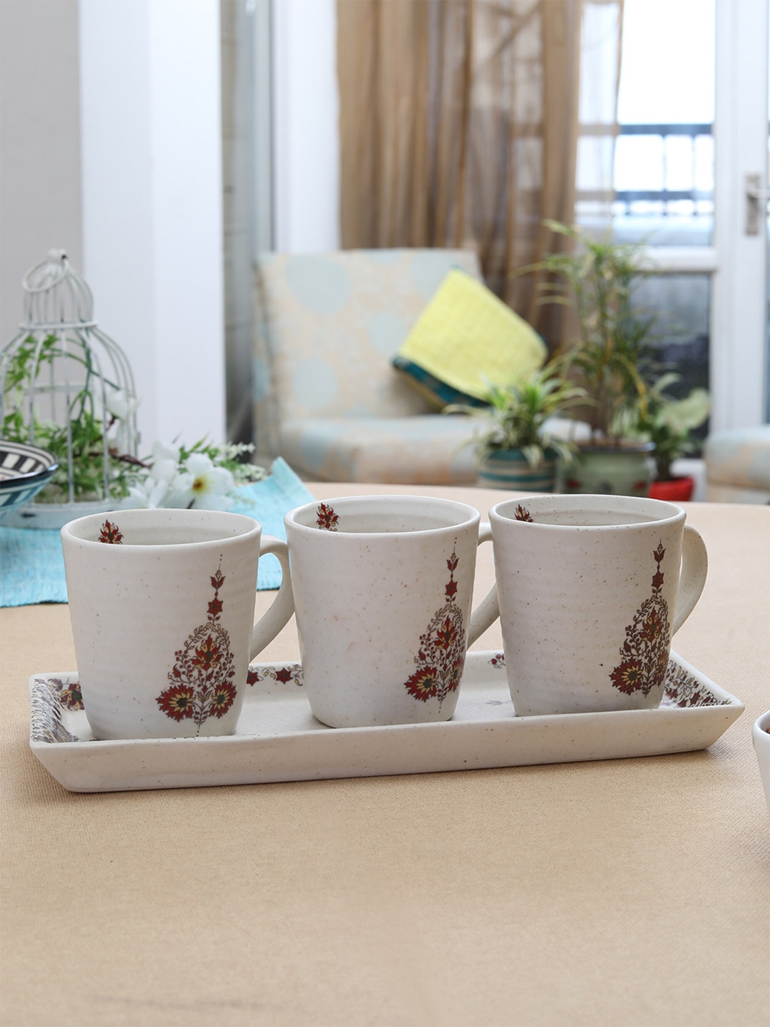 MIAH Decor Set Of 4 Cream-Coloured & Brown Hand Painted Stoneware Matte Mugs & Platter