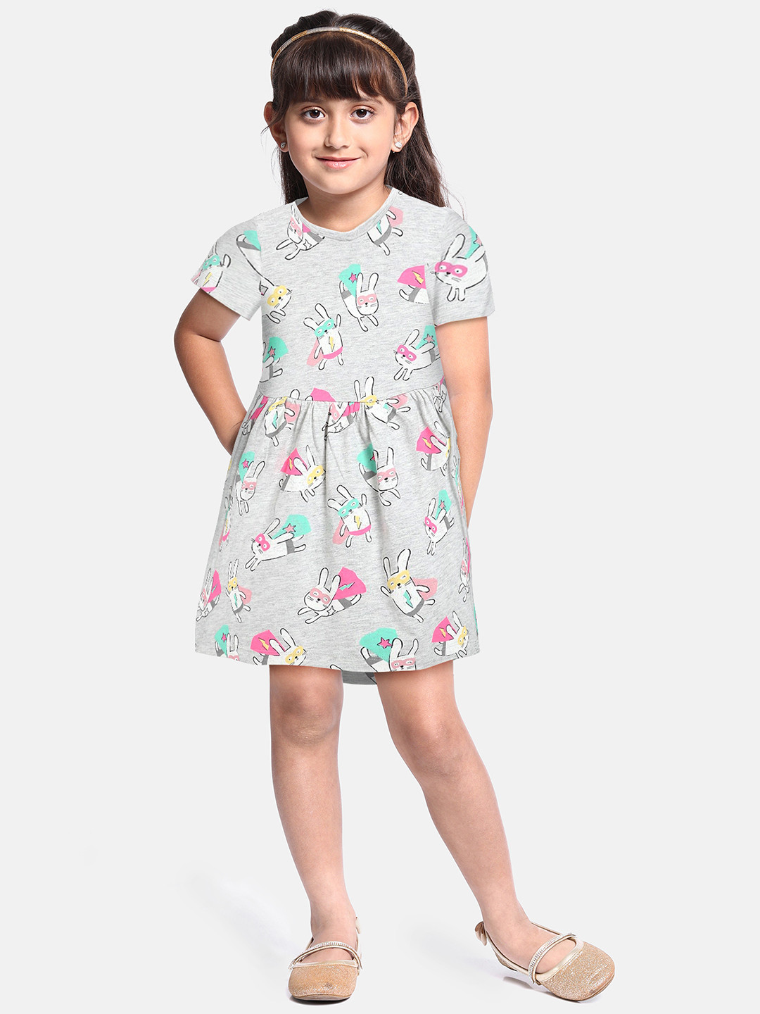 

Marks & Spencer Girls Grey Melange & White Cotton Conversational Print Fit & Flare Dress