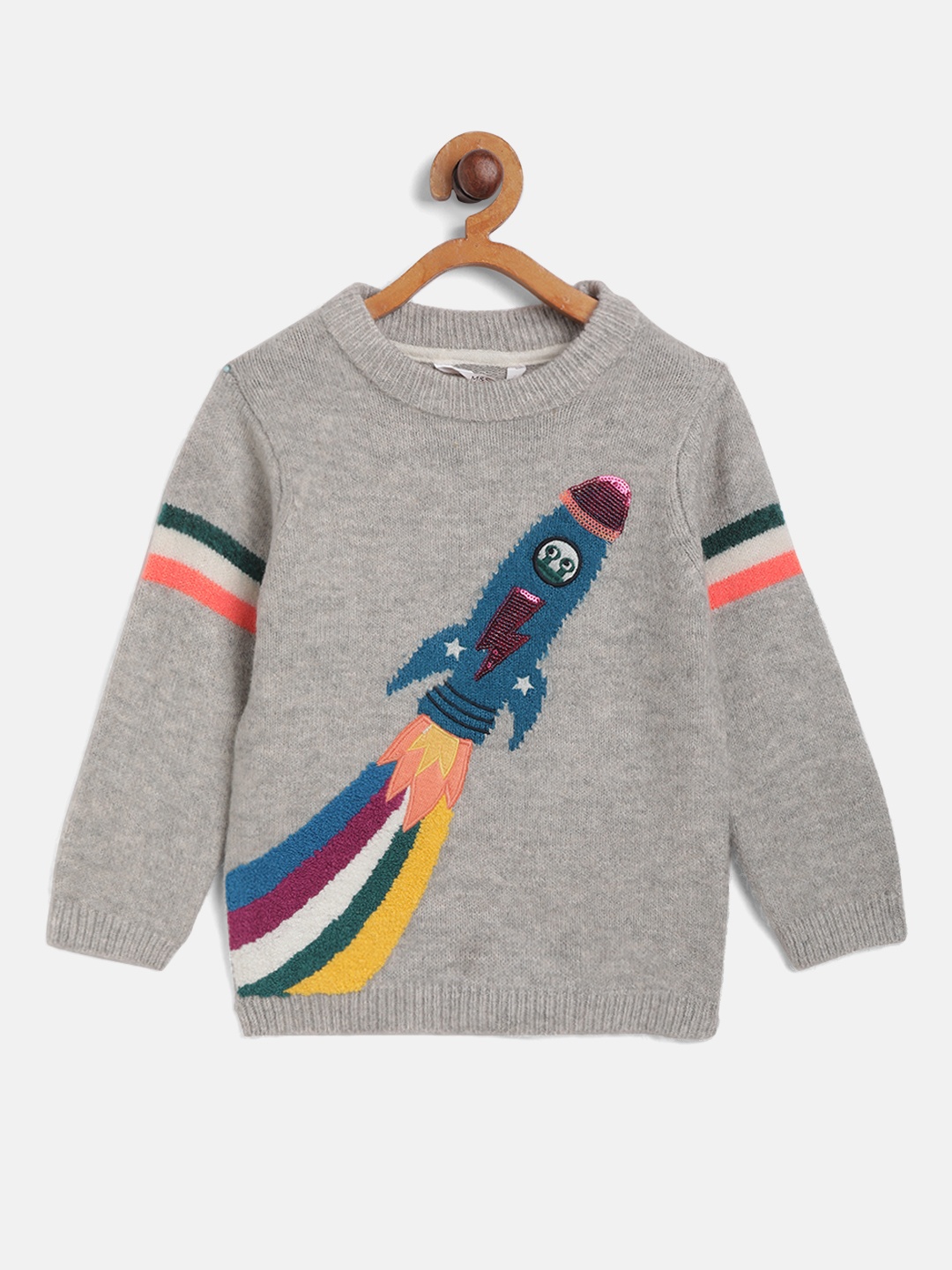 

Marks & Spencer Boys Grey Melange & Blue Self-Design Pullover with Sequinned Detail