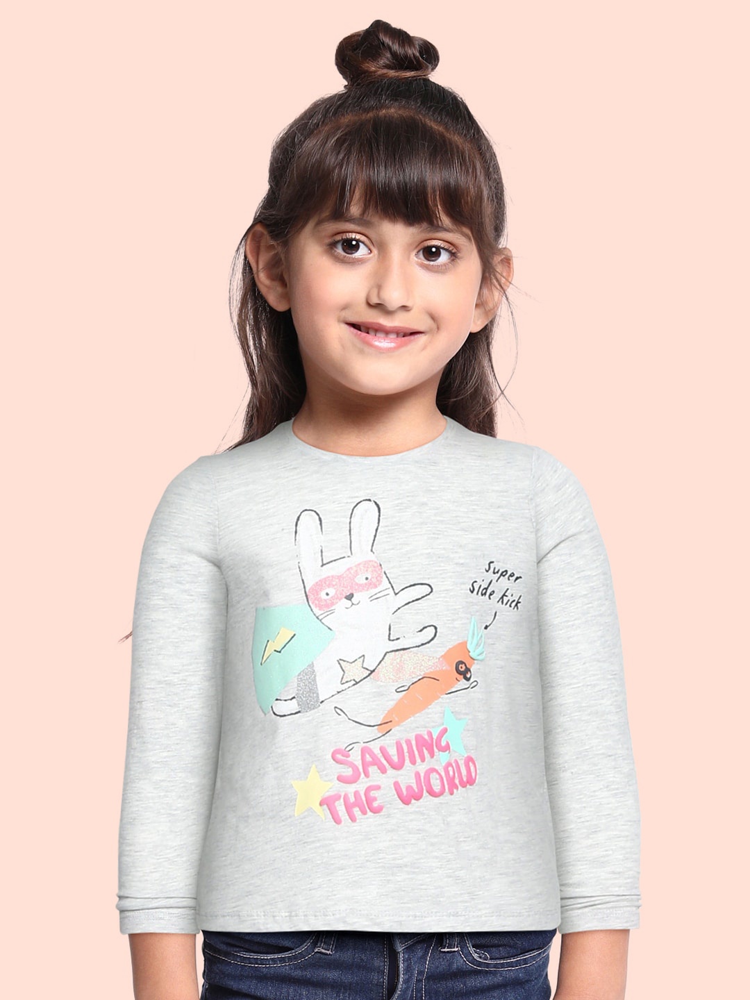 

Marks Spencer Girls Grey Melange Pink Cotton Typography Print Pure Cotton T-shirt