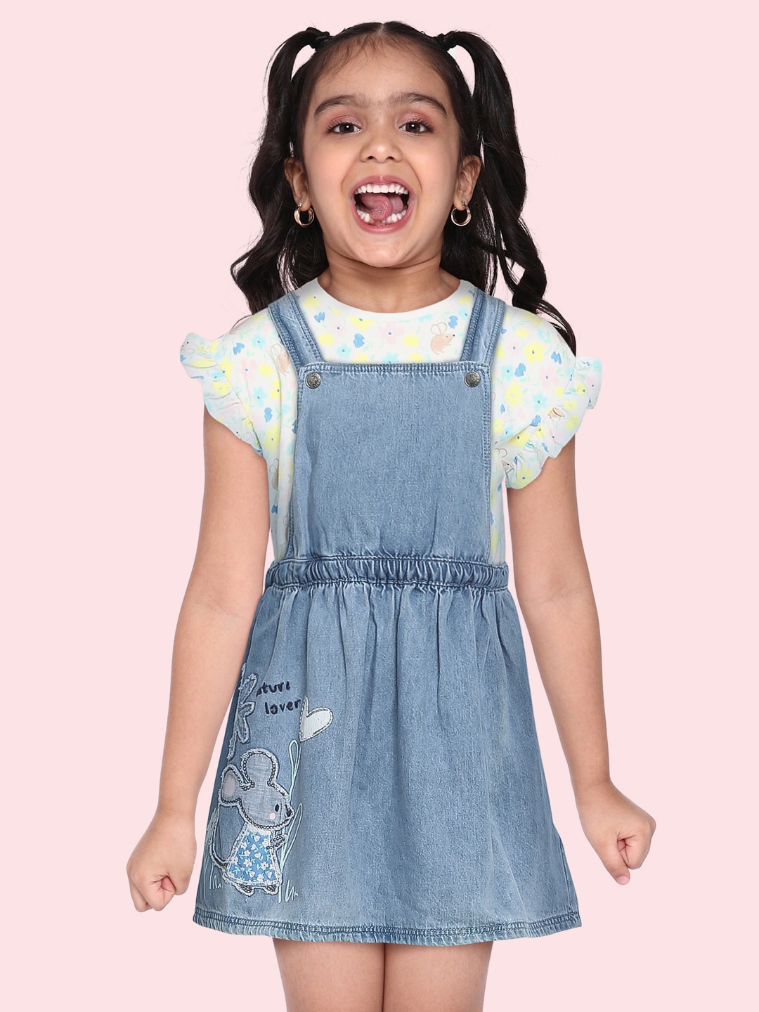 

Marks & Spencer Girls Blue Floral Applique Sustainabe Pure Cotton Pinafore Dress & T-shirt