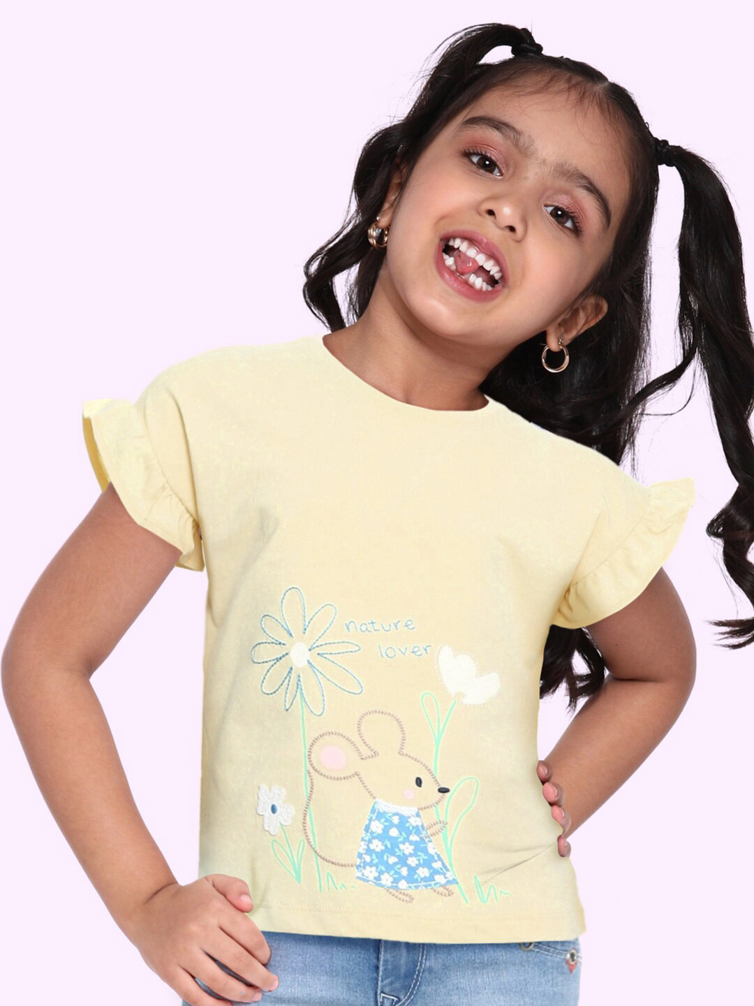 

Marks Spencer Girls Yellow Blue Conversational Print Pure Cotton T-shirt with Applique Detail