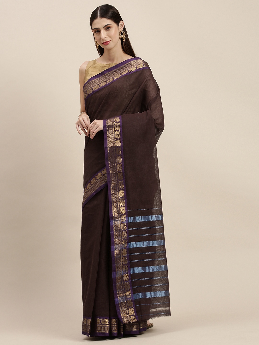 

KALINI Coffee Brown Zari Pure Cotton Venkatgiri Saree
