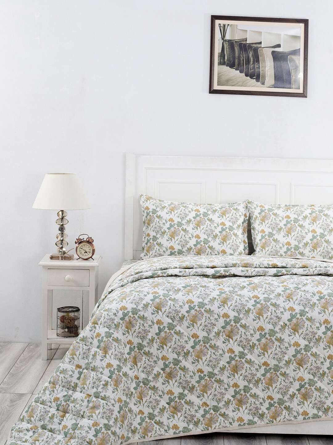 

In-House by maspar White & Yellow Floral 110 GSM Bedding Set with Pillow Covers