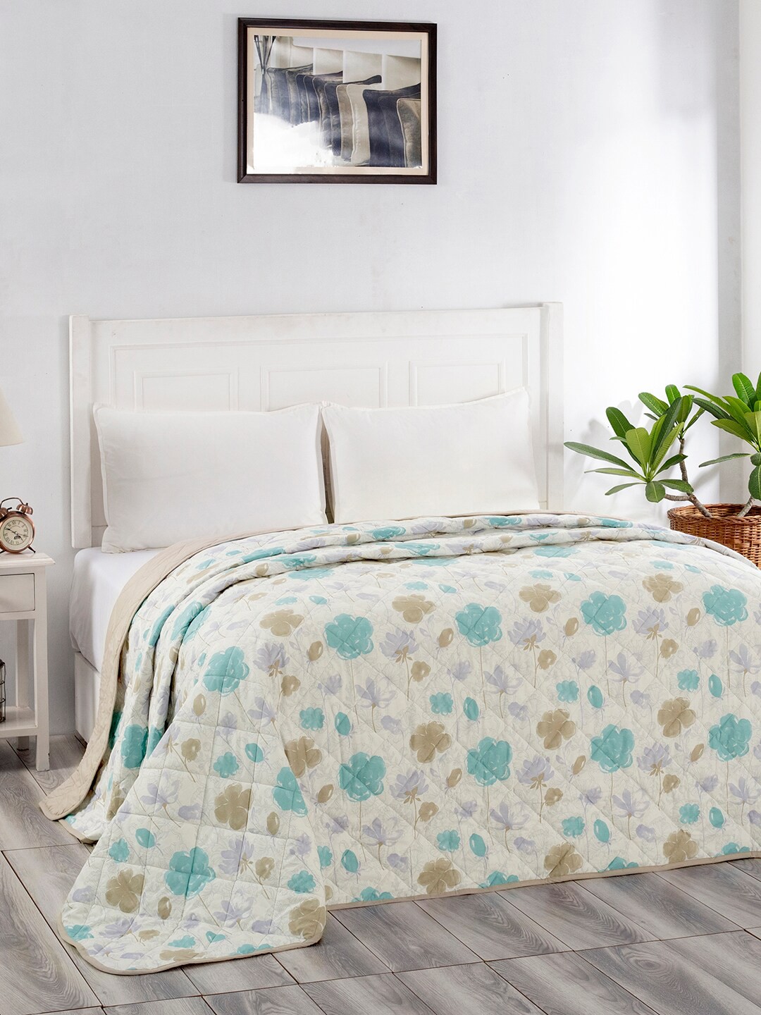 

In-House by maspar Cream-Coloured Floral Summer 110 GSM Cotton Double Bed Quilt