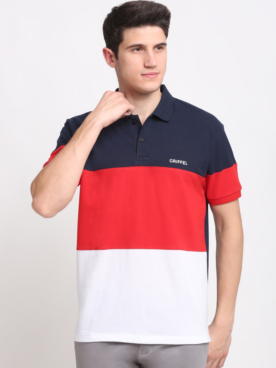 

GRIFFEL Men Navy Blue & Orange Colourblocked Polo Collar T-shirt
