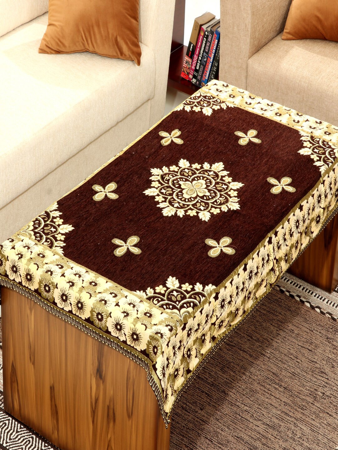 

BELLA TRUE Brown & Beige Woven-Design Rectangular Table Cover