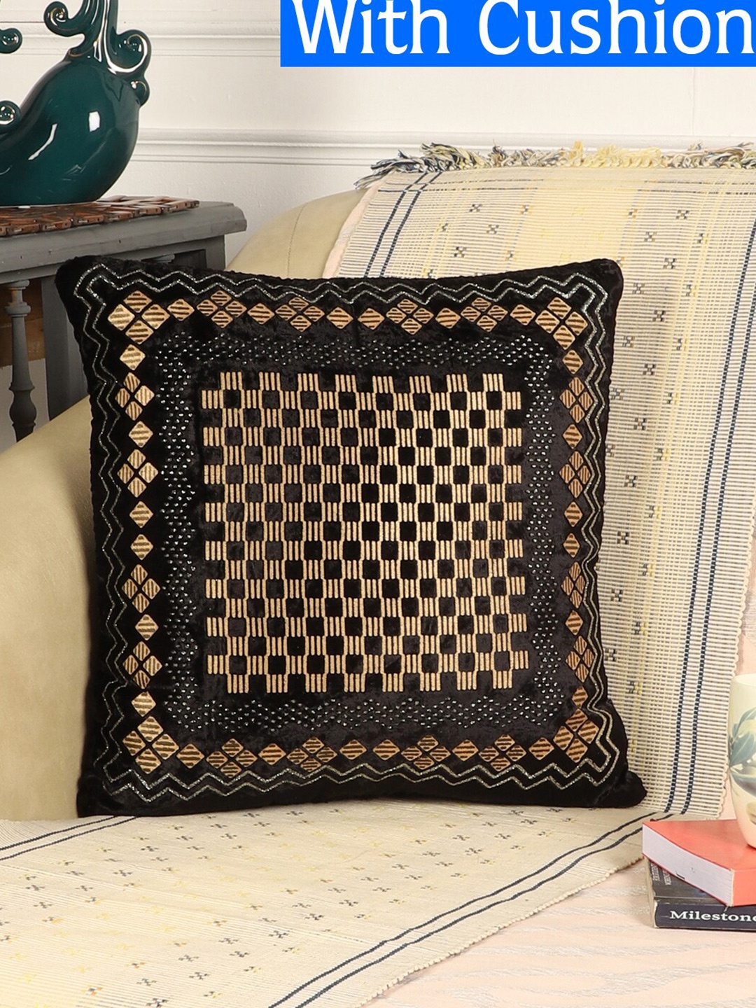 

MFD HOME FURNISHING Black & Beige Velvet Square Cushion Covers