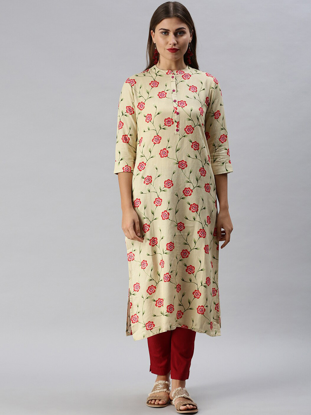 

Soch Women Mustard Yellow & Pink Floral Printed Cotton Kurta