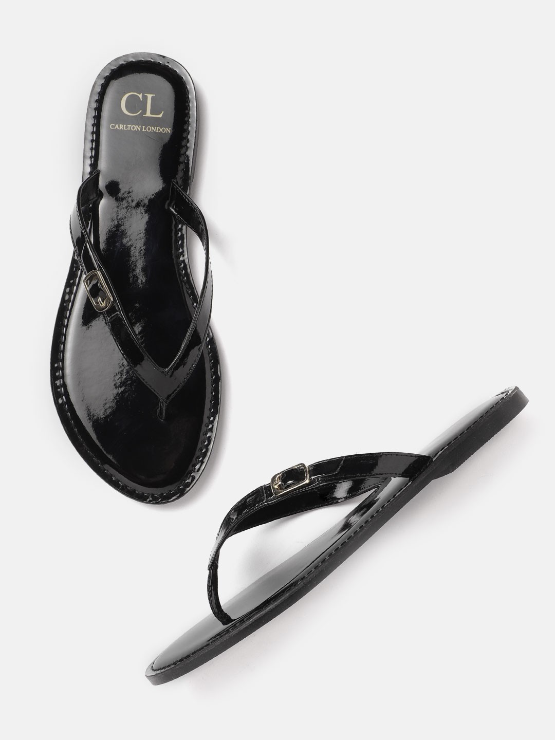 

Carlton London Women Black Solid Open Toe Flats with Buckle Detail