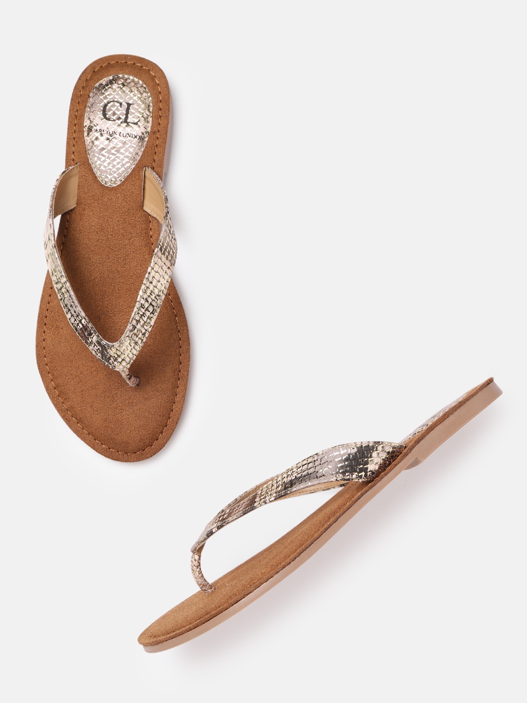

Carlton London Women Pink & Black Snakeskin Textured Open Toe Flats