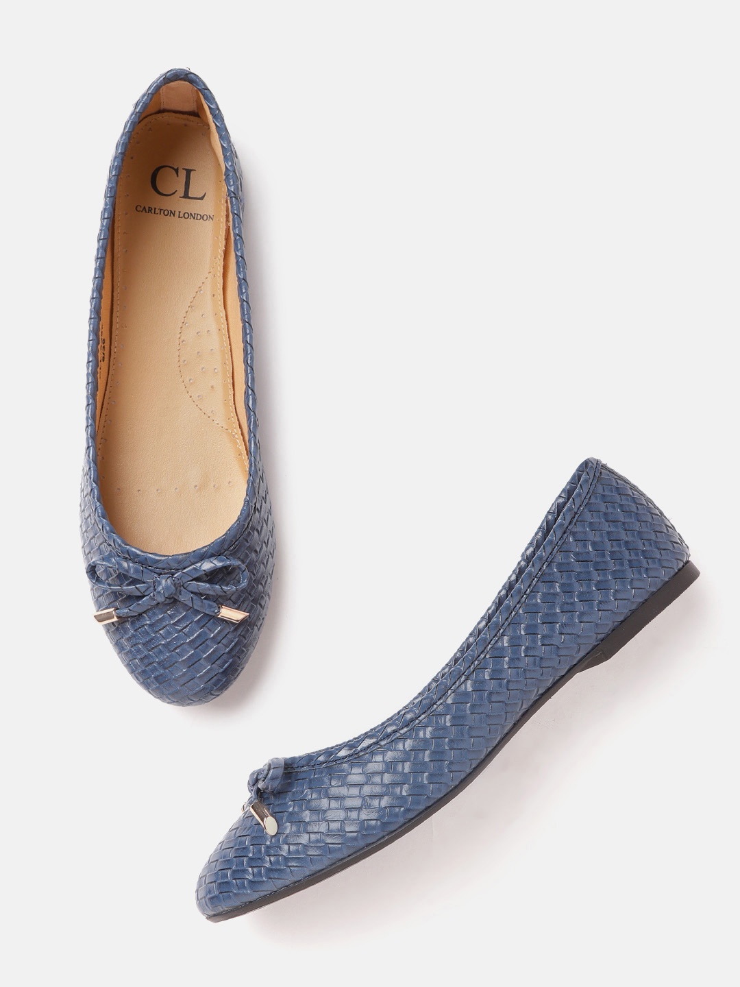 

Carlton London Women Blue Basketweave Textured Ballerinas with Bow Detail