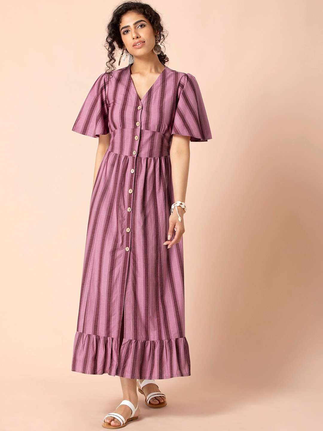 

Earthen BY INDYA Lavender Striped Button Down Midi Dress