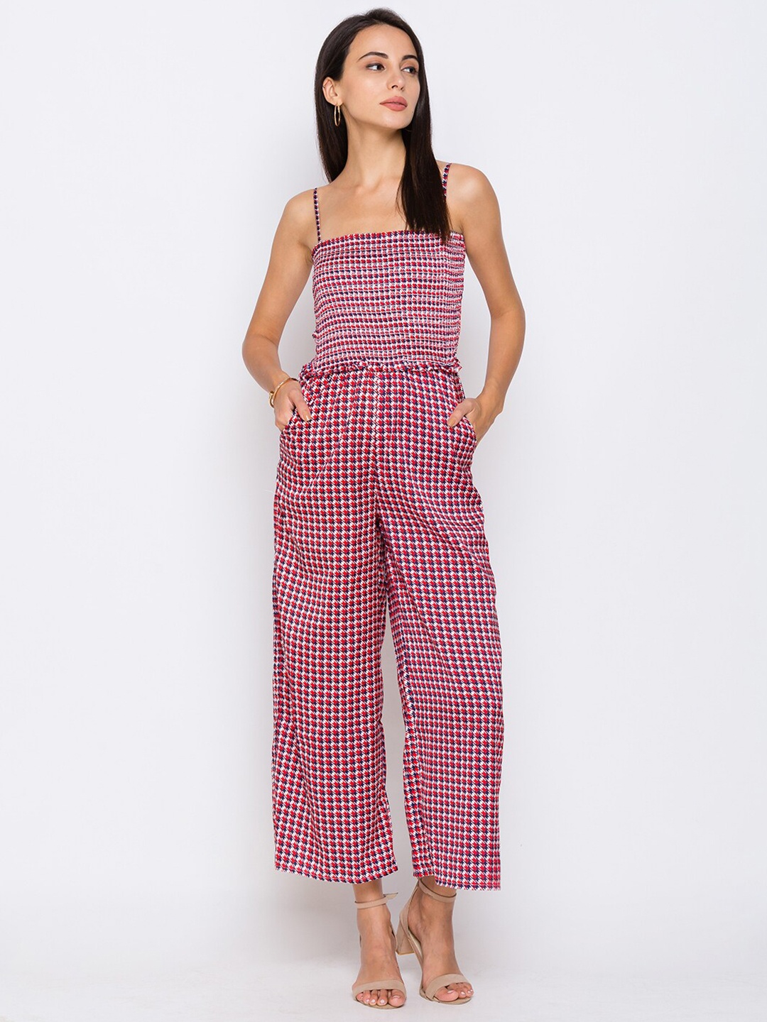 

Globus Red & Navy Blue Printed Basic Jumpsuit