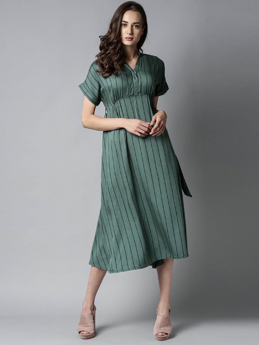 

RAREISM Olive Green & Black Vertical Striped Fit & Flare Midi Dress With Waist Tie-Up