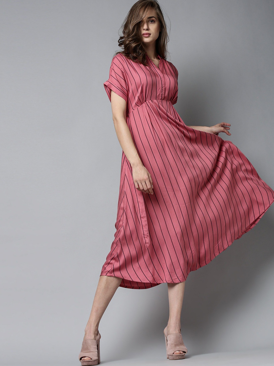 

RAREISM Pink & Grey Striped Midi Dress