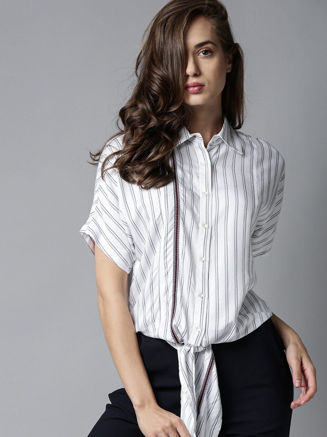 

RAREISM White & Grey Striped Extended Sleeves Shirt Style Top