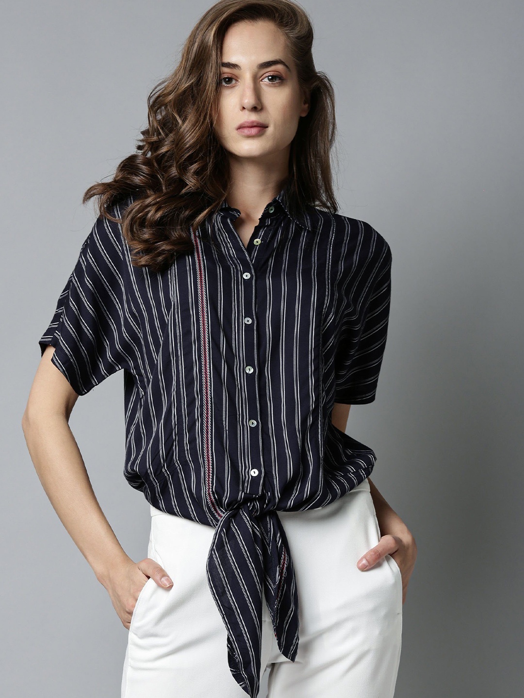 

RAREISM Navy Blue Striped Extended Sleeves Shirt Style Top