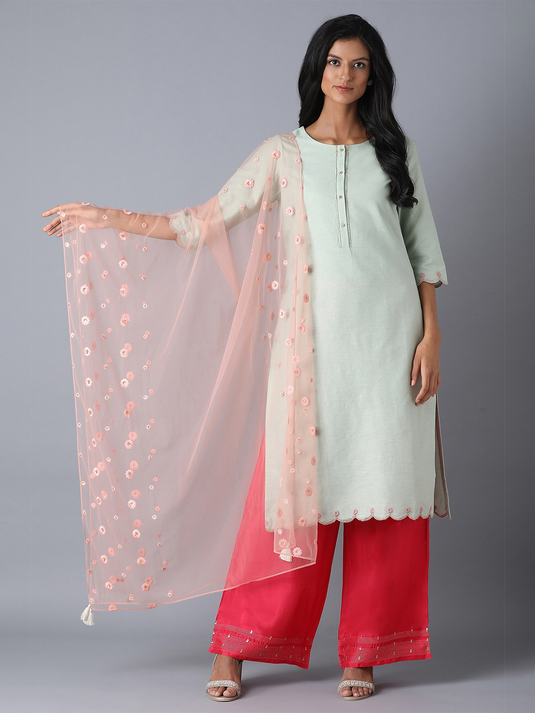 

W Peach-Coloured Embroidered Viscose Rayon Dupatta
