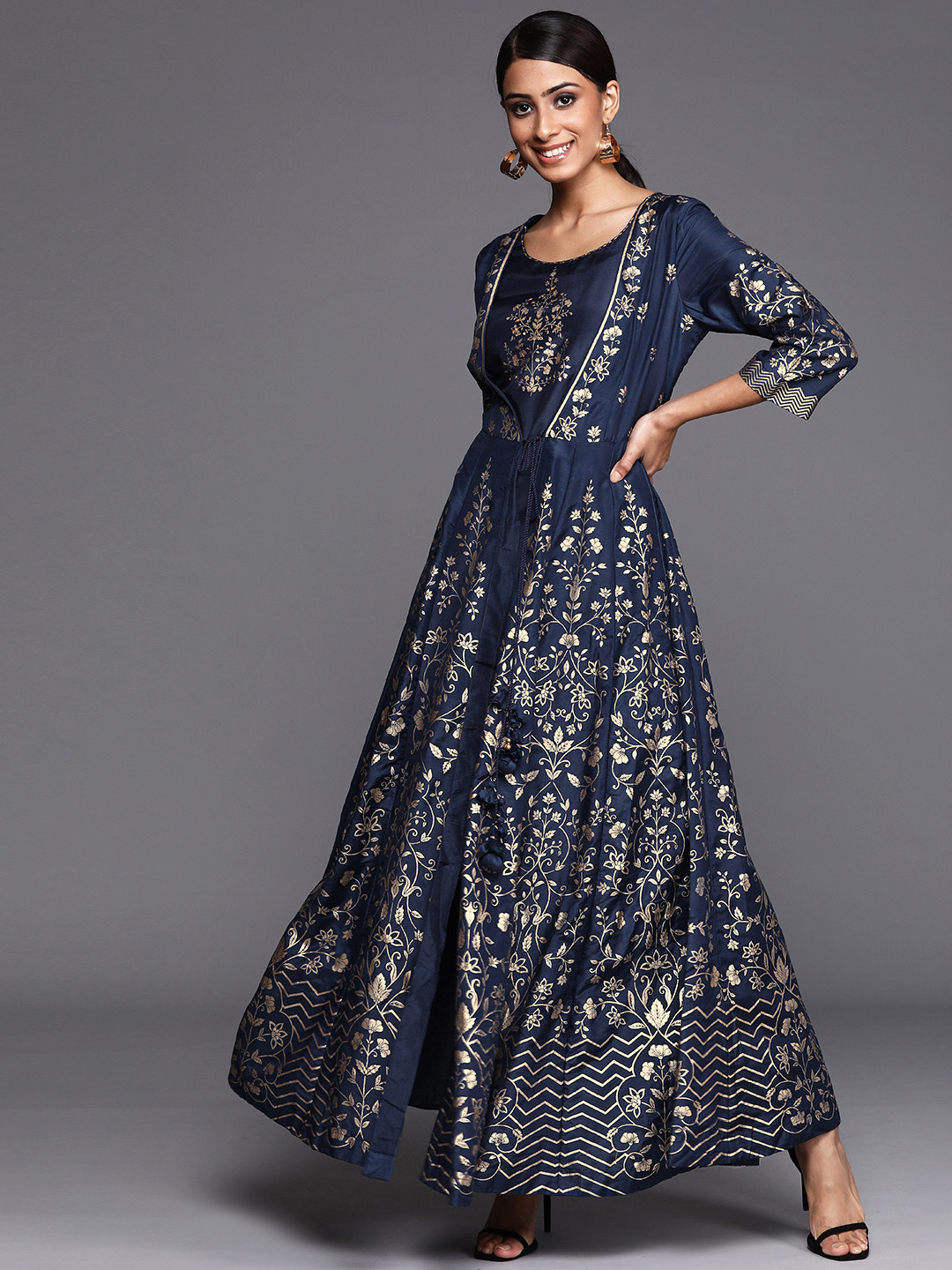 

Biba Navy Blue & Golden Floral Print Maxi Dress