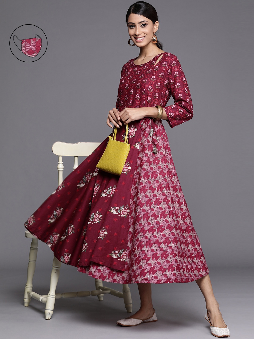 

Biba Maroon & White Pure Cotton Ethnic Motifs Printed Midi Wrap Dress Comes With A Mask