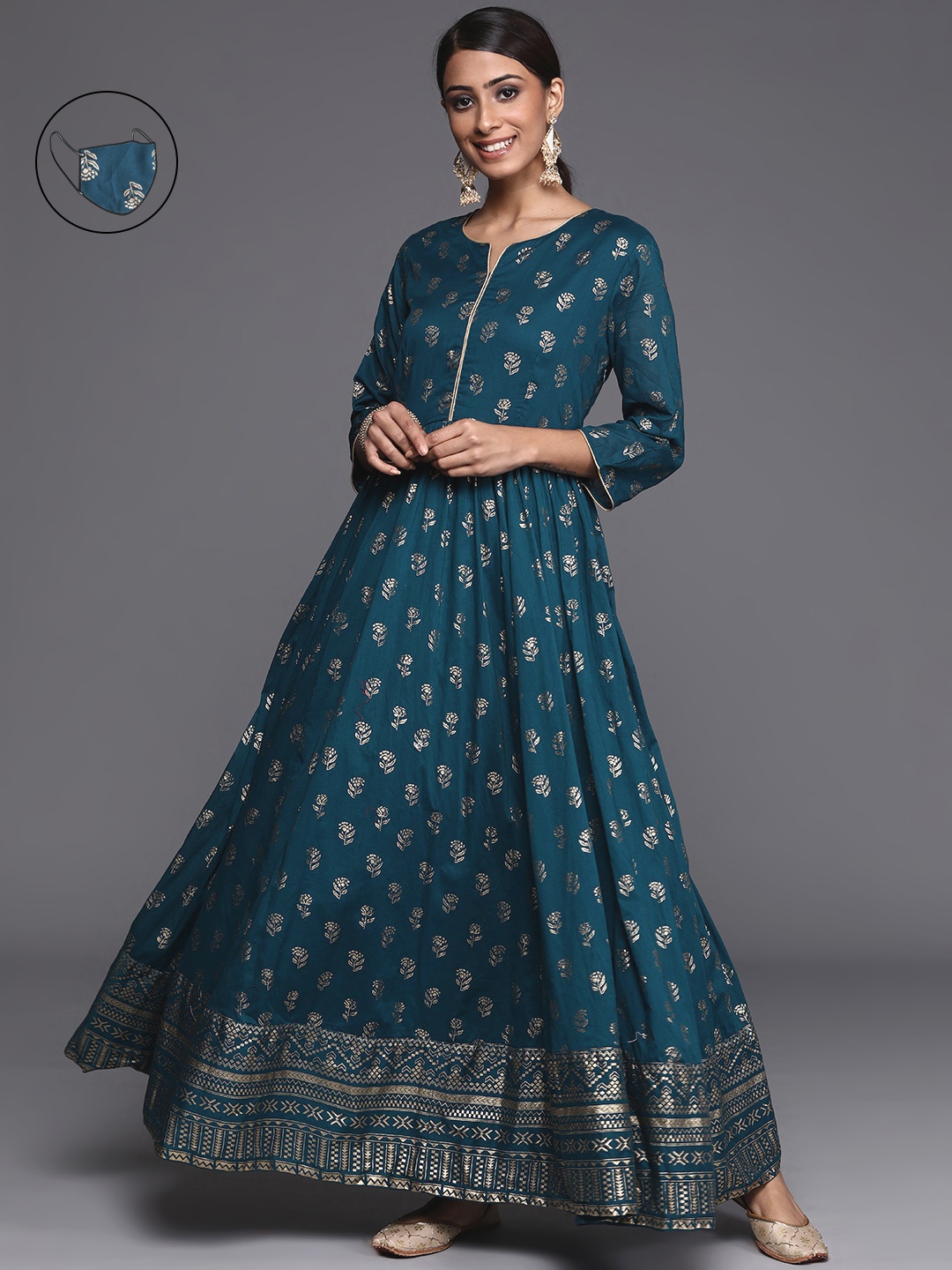 

Biba Teal & Gold-Toned Ethnic Motifs Ethnic Maxi Dress