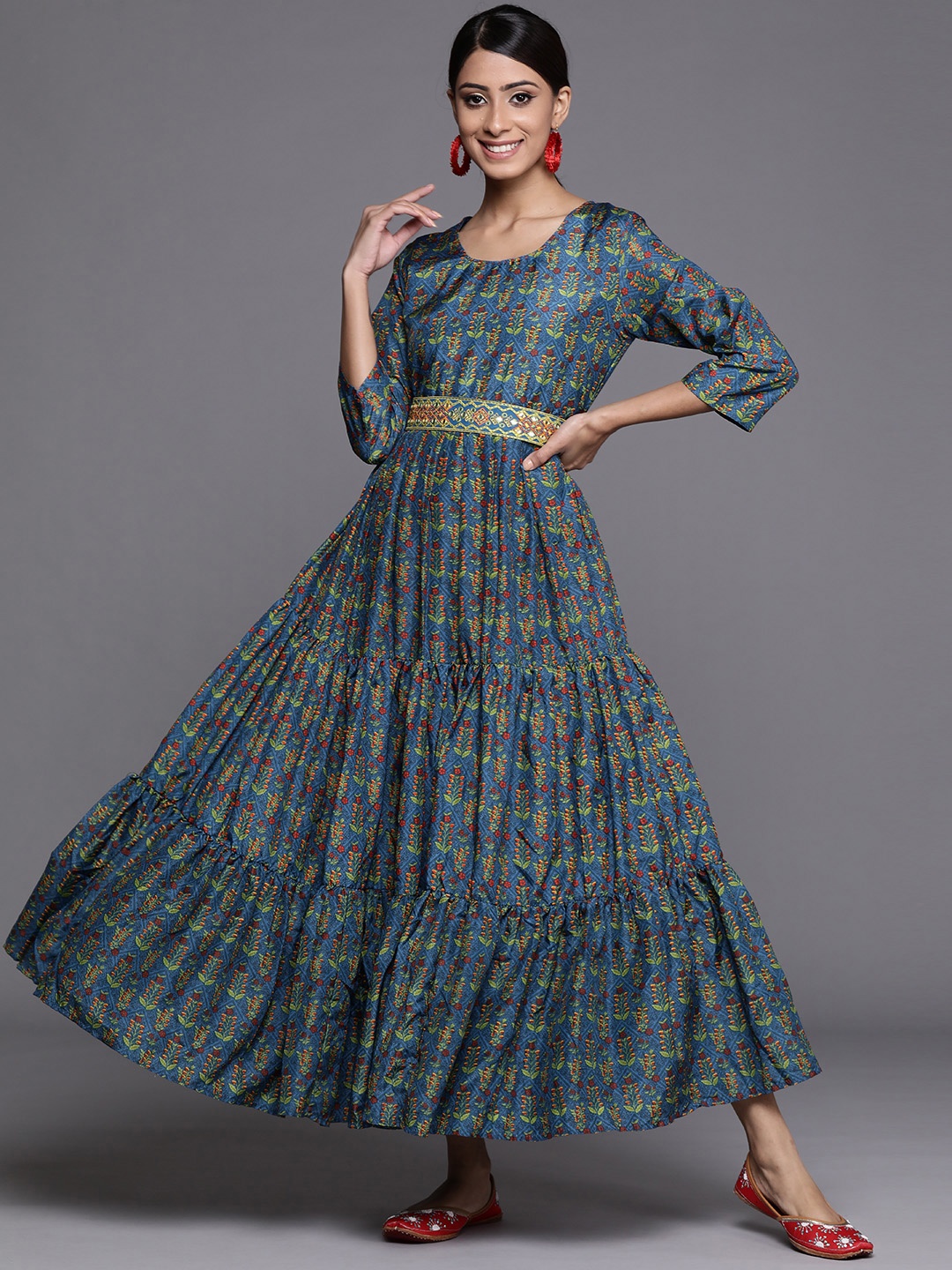 

Biba Teal Blue & Green Ethnic Motifs Printed Maxi Dress Comes With A Belt