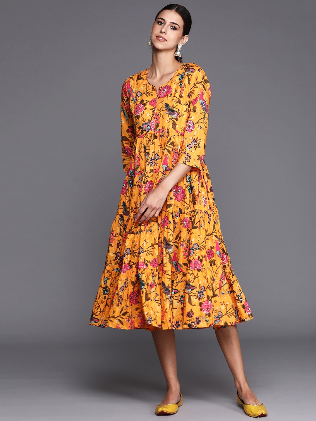 

Biba Mustard Yellow & Pink Pure Cotton Floral Print Tiered A-Line Dress