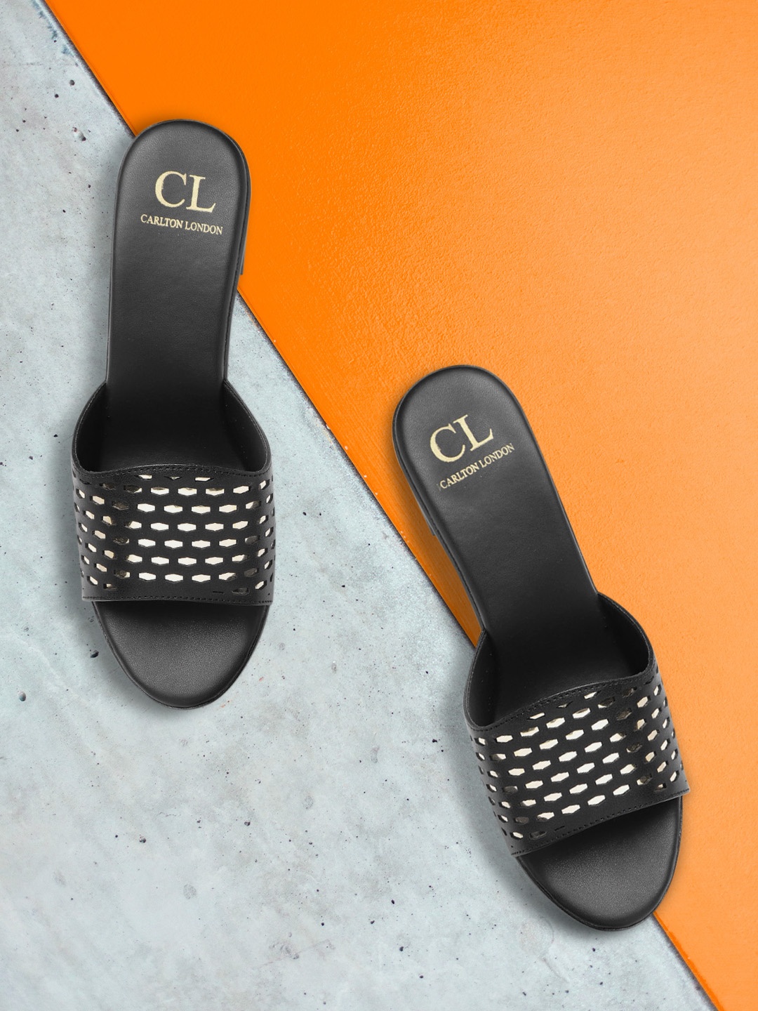 

Carlton London Black & Gold-Toned Laser Cuts Block Heels
