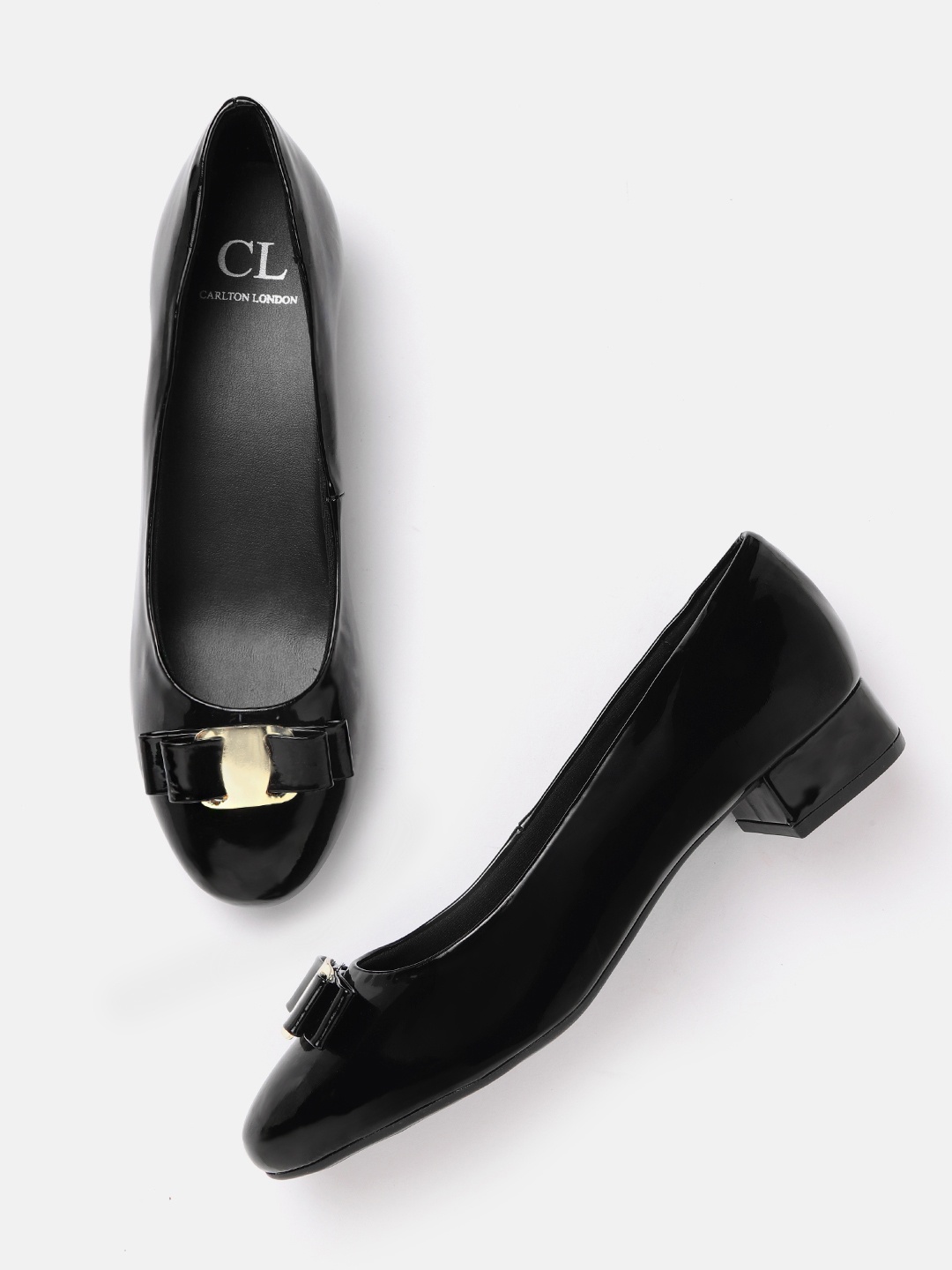 

Carlton London Black Solid Glossy Finish Ballerinas with Bow Detail