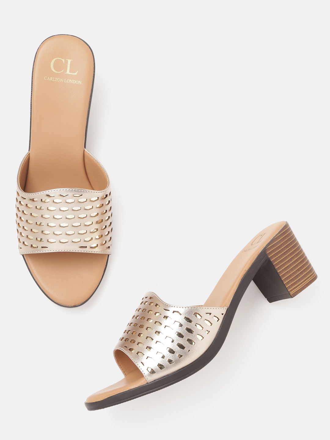 

Carlton London Muted Gold-Toned Laser Cuts Block Heels