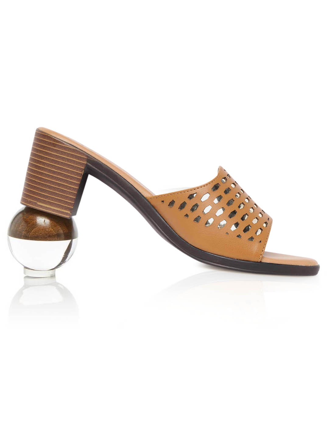 

Carlton London Tan Brown & Gold-Toned Laser Cut Block Heels