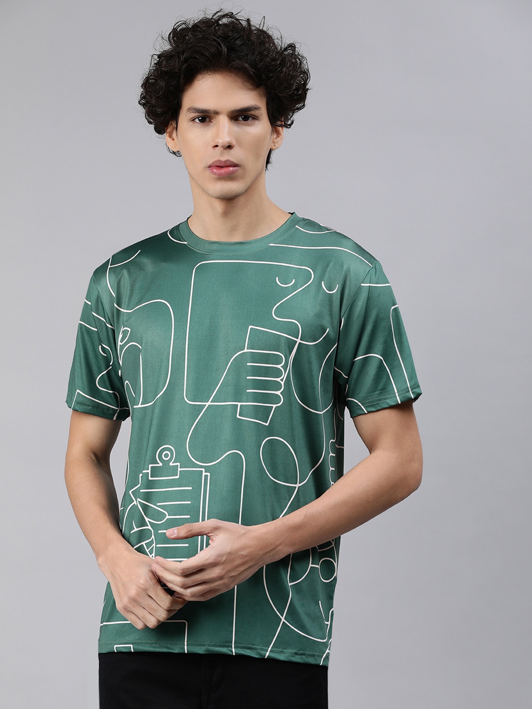 

mezmoda Men Green & White Printed Dry-Fit T-shirt