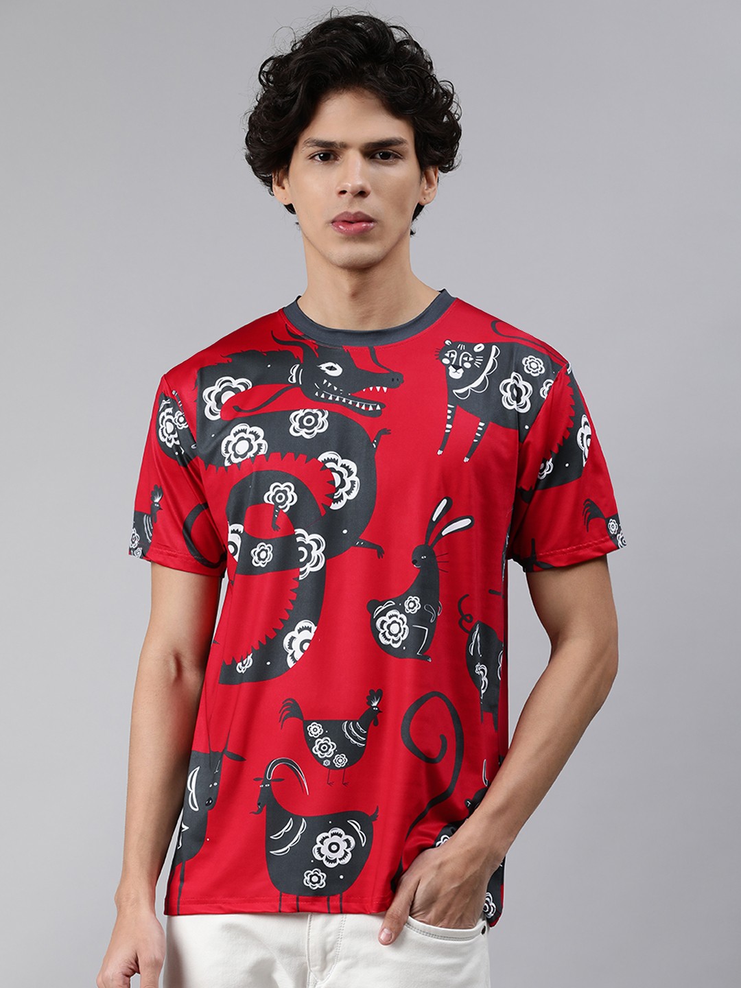

mezmoda Men Red & Black Printed Dry-Fit T-shirt