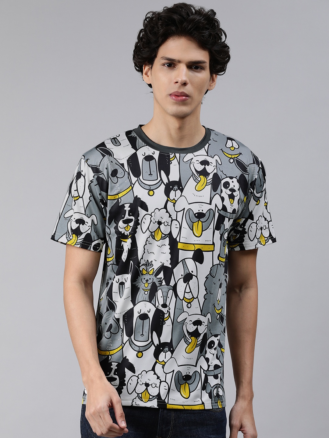 

mezmoda Men Grey & White Printed Dry-Fit T-shirt