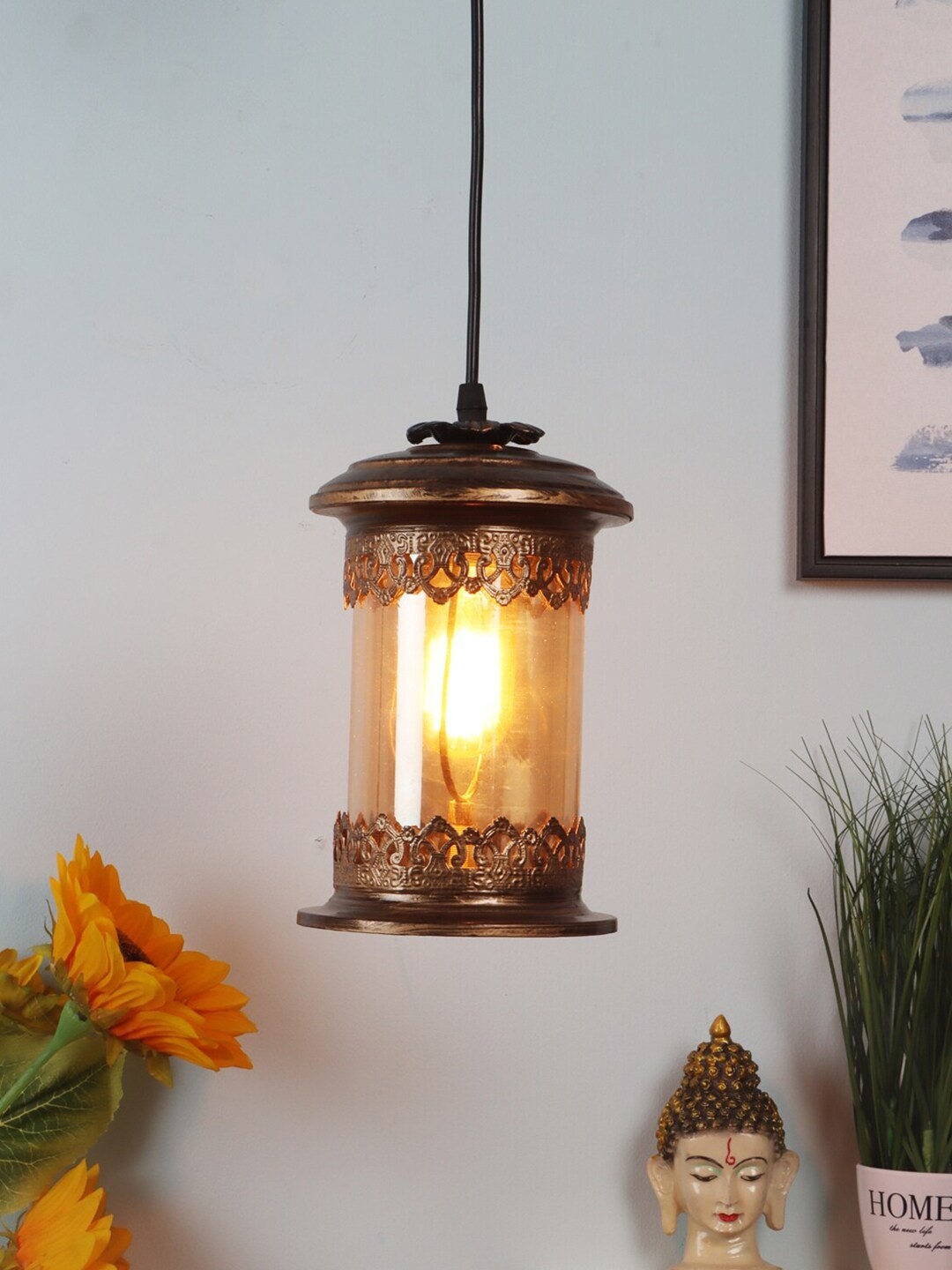 

MFD HOME FURNISHING Gold-Toned & Transparent Iron Quirky Hanging Lantern
