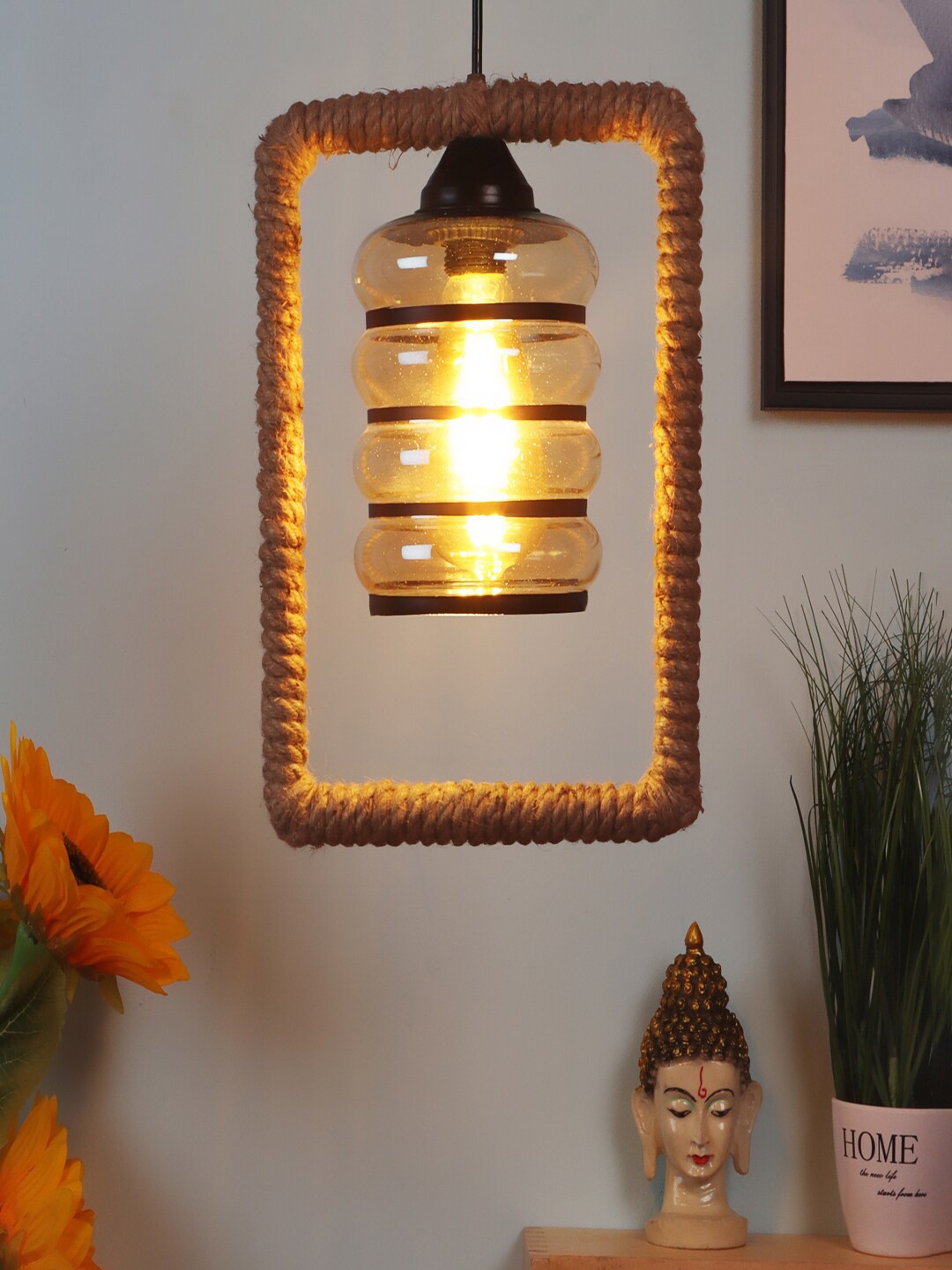 

MFD HOME FURNISHING Brown & Gold-Toned Glass Quirky Hanging Lamp