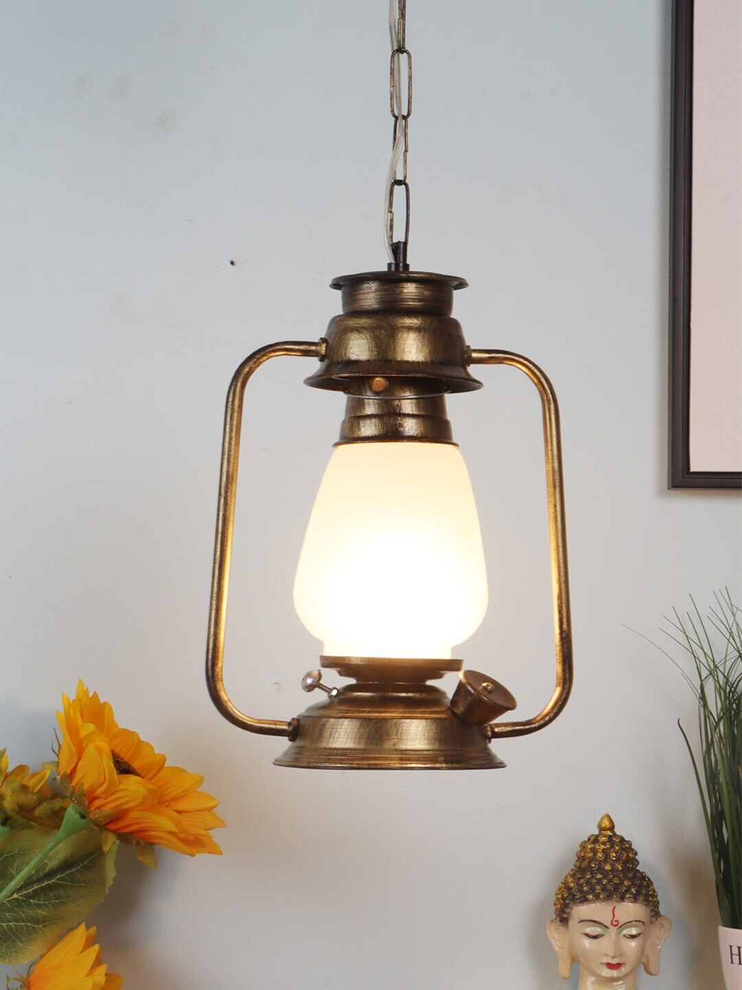 

MFD HOME FURNISHING Gold-Toned & White Iron Contemporary Hanging Lantern
