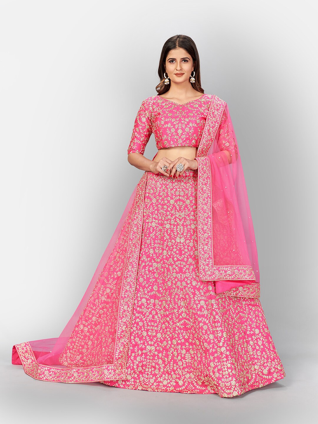 

SHOPGARB Pink & Beige Embroidered Thread Work Semi-Stitched Lehenga Choli