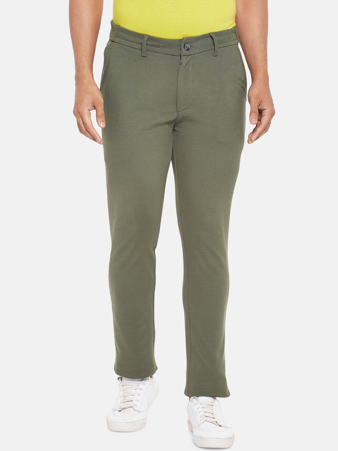 

BYFORD by Pantaloons Men Olive Green Slim Fit Pure Cotton Trousers