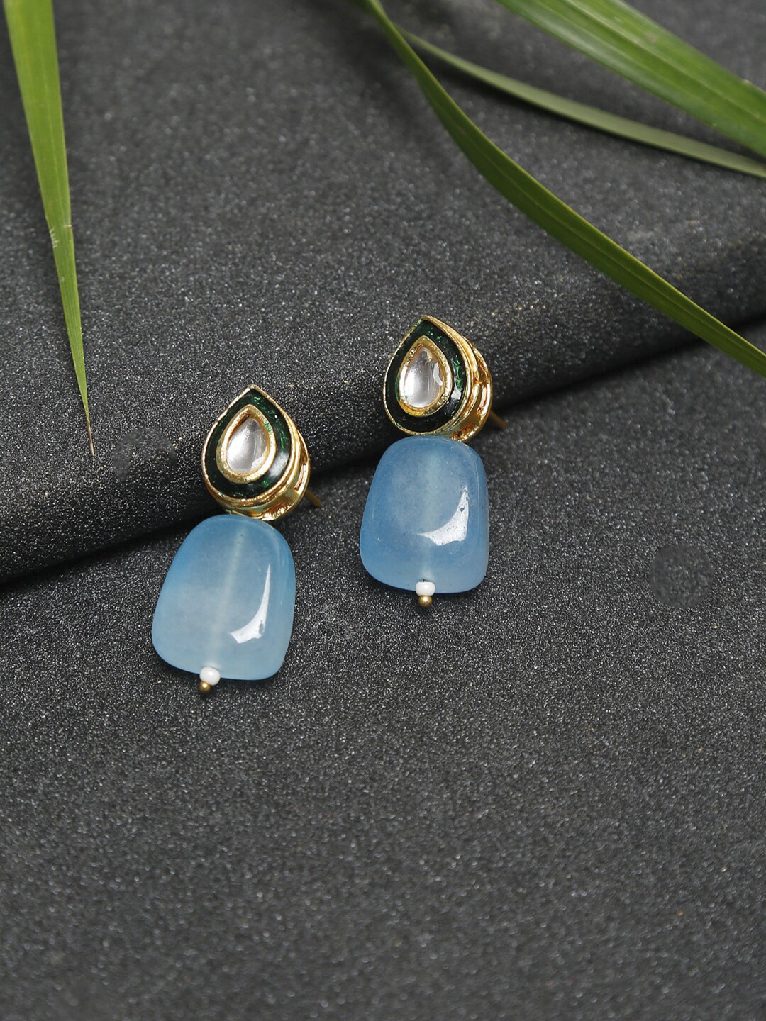 

Ruby Raang Gold-Toned Blue Beaded & Kundan Studded Contemporary Drop Earrings