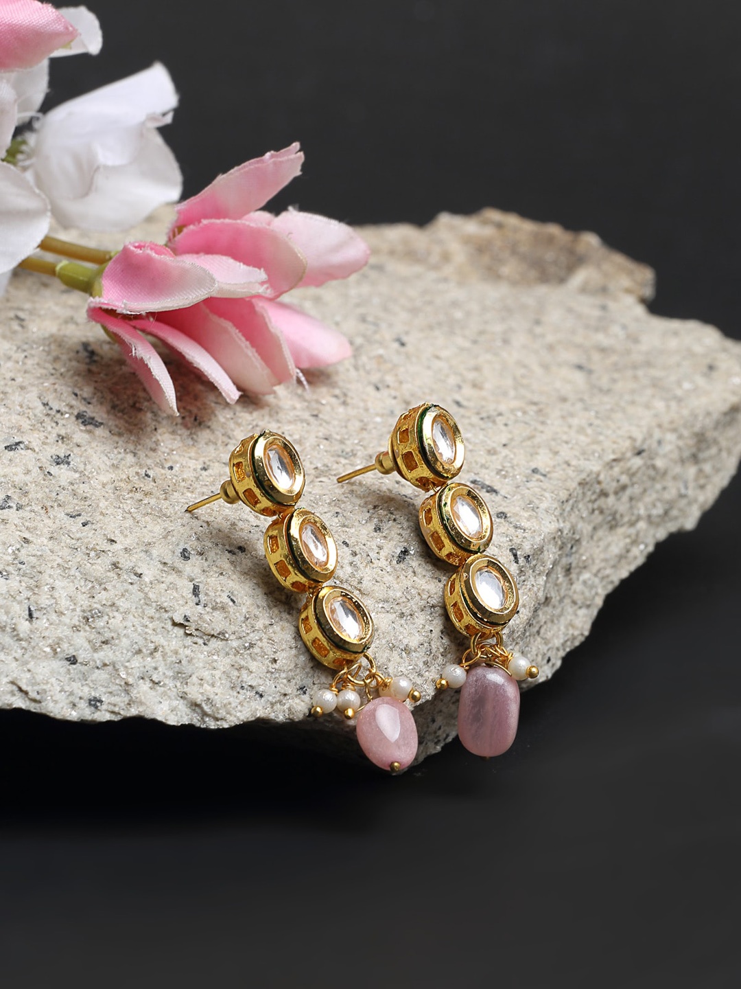 

Ruby Raang Gold-Toned & Pink Contemporary Drop Earrings