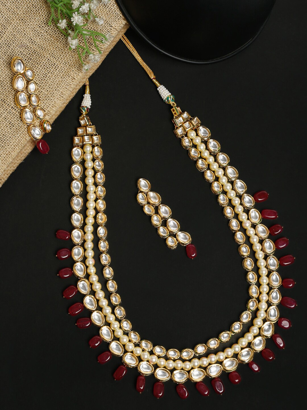 

Ruby Raang Gold-Plated White & Red Kundan-Studded Pearl Beaded Handcrafted Jewellery Set