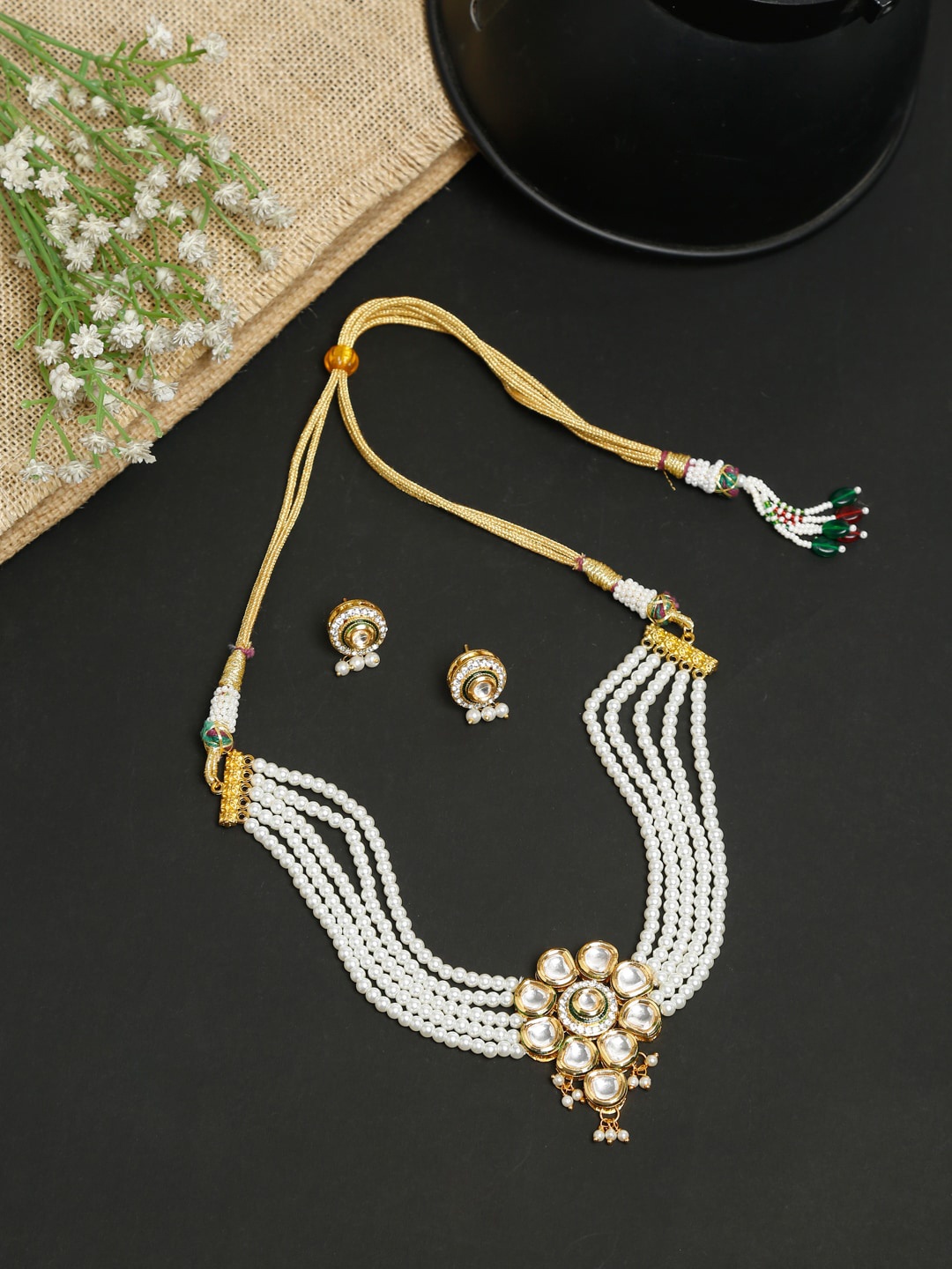 

Ruby Raang Gold-Plated & White Kundan-Studded Pearl Beaded Choker Jewellery Set