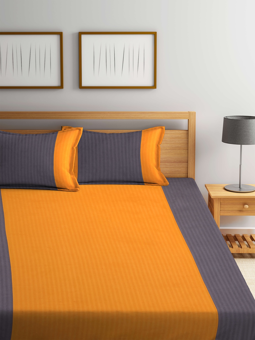 

DECOREALM Yellow & Grey Striped 300 TC Queen Bedsheet with 2 Pillow Covers