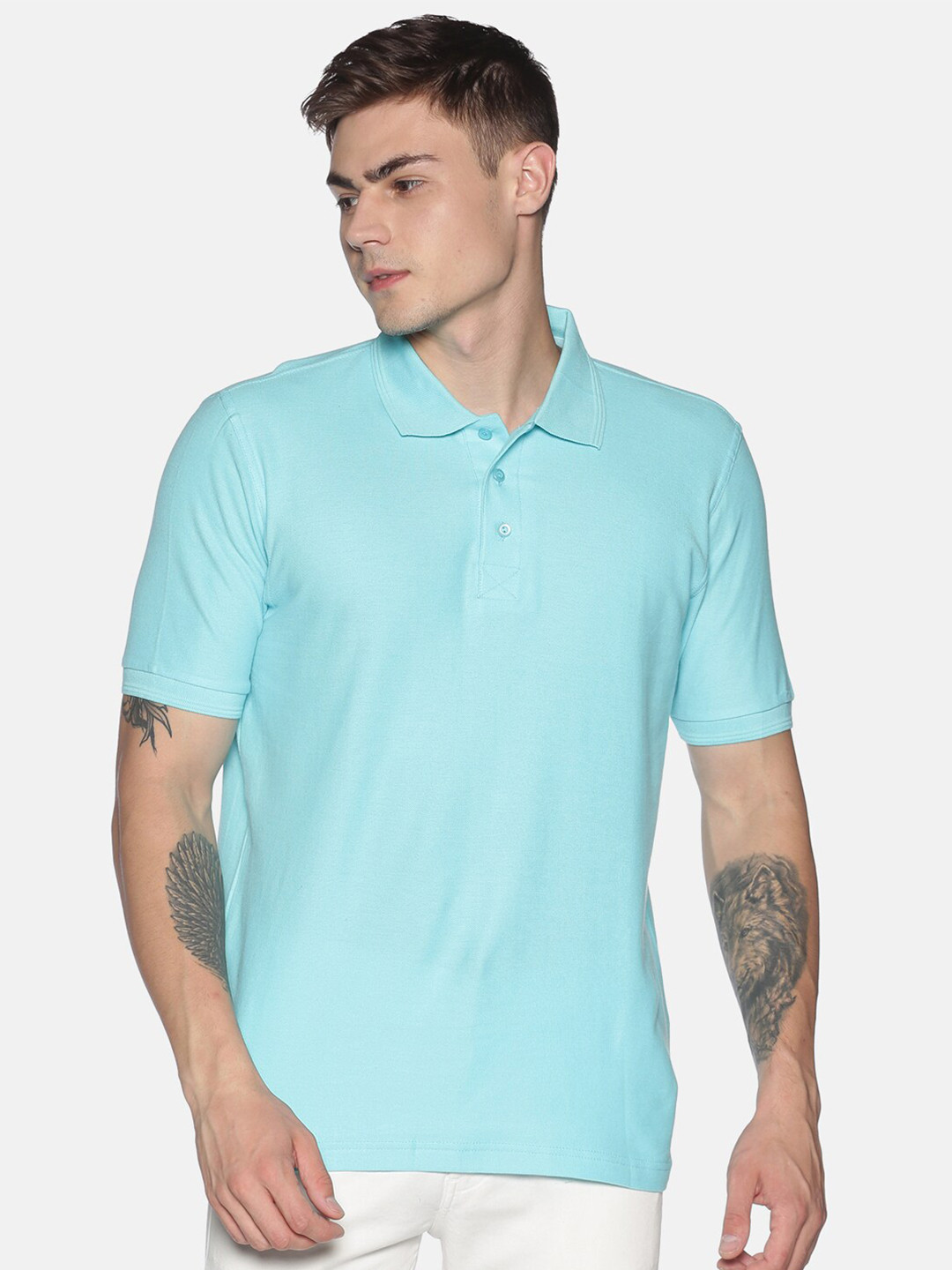 

UrGear Men Turquoise Blue Polo Collar Pure Cotton T-shirt