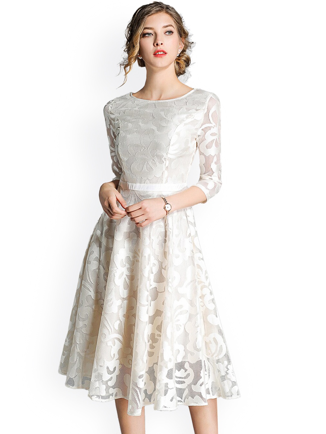 

JC Collection Cream-Coloured Floral Self Designed Fit & Flare Midi Dress