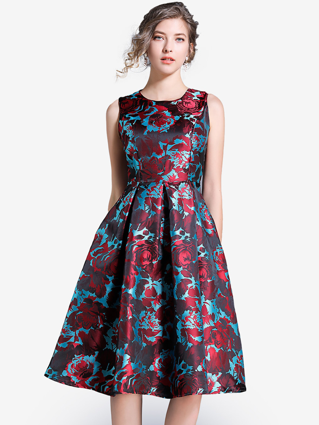 

JC Collection Red & Blue Floral Printed Fit & Flare Dress