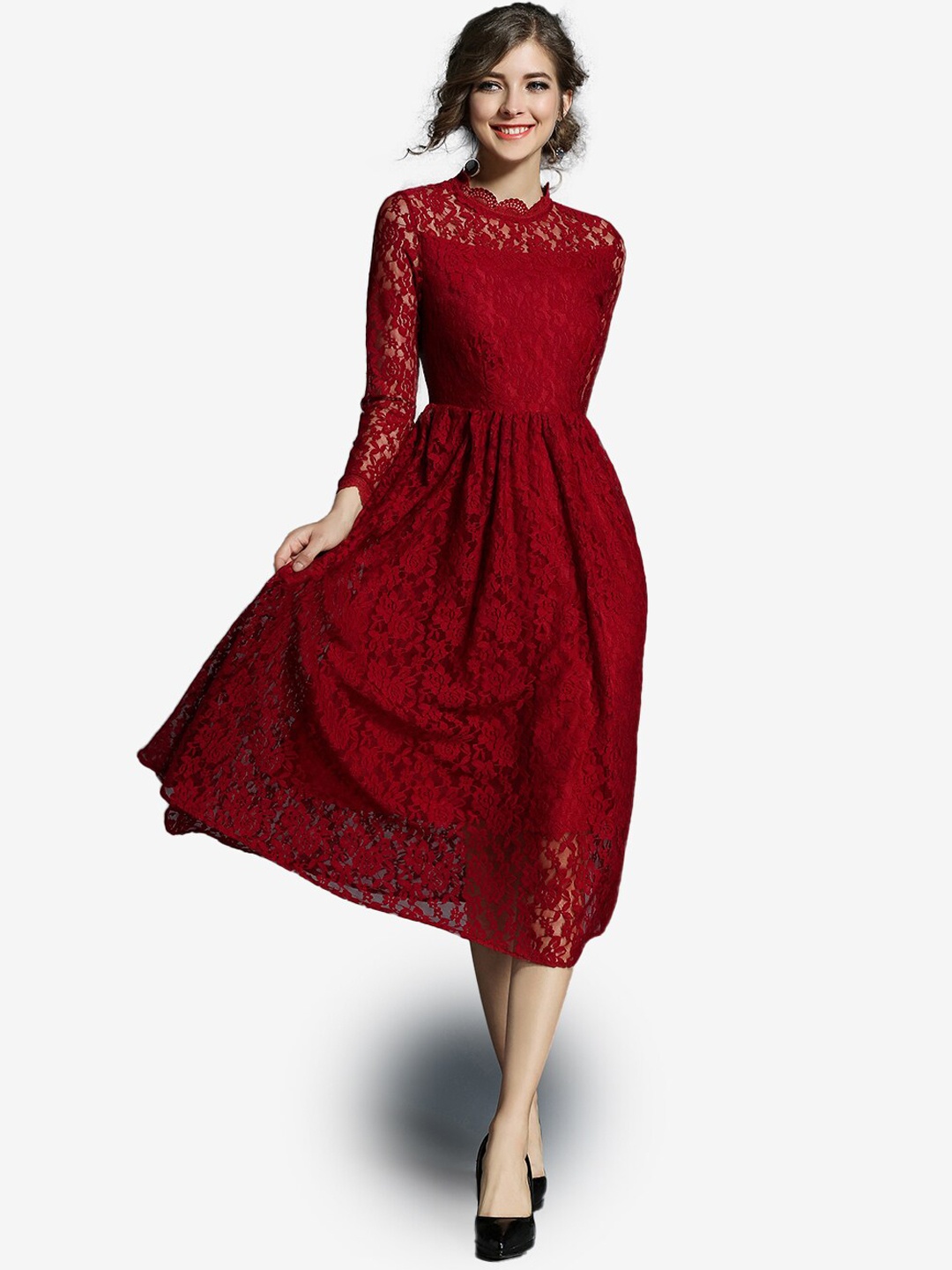 

JC Collection Red Floral Self Design High Neck Cotton Fit & Flare Dress
